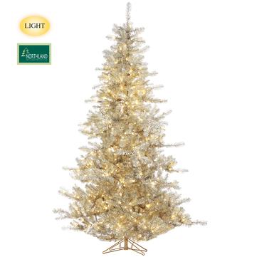 Tree 7.5 ft Tinsel Lighted Platinum Gold