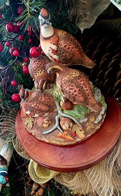 Quail Bird Figurine Sculpture On Wood Base
